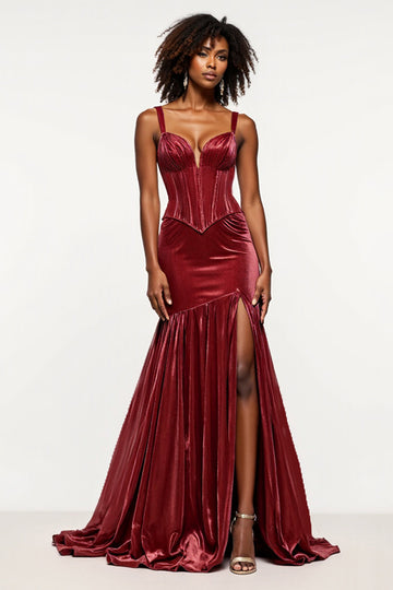 Robe de bal corset sirène bordeaux à col en V en velours